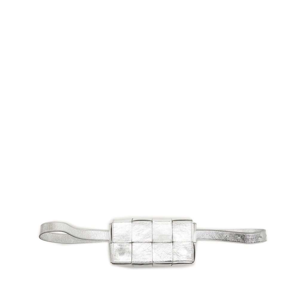 Bottega Veneta Mini Paper Calfskin Intrecciato Cassette Belt Bag Silver Leather Very good - Front View