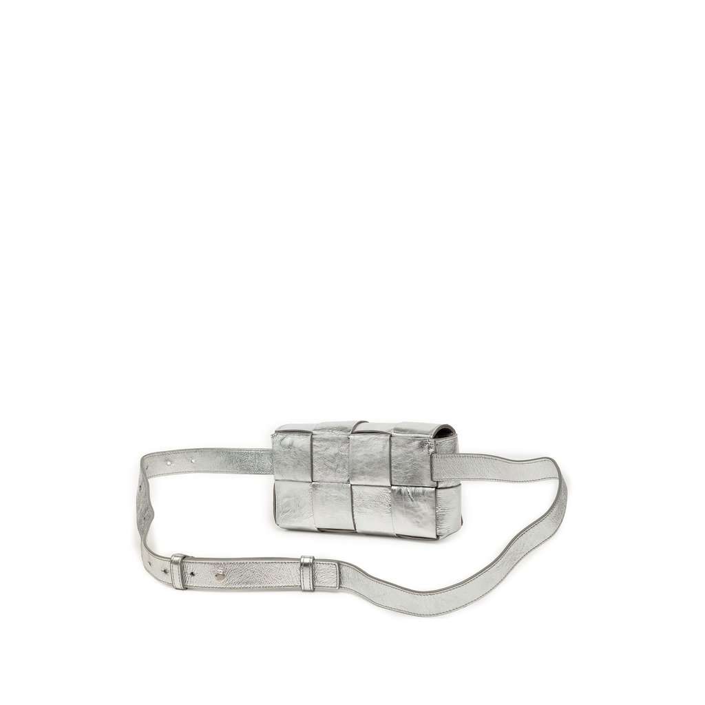 Bottega Veneta Mini Paper Calfskin Intrecciato Cassette Belt Bag Silver Leather Very good - Back View
