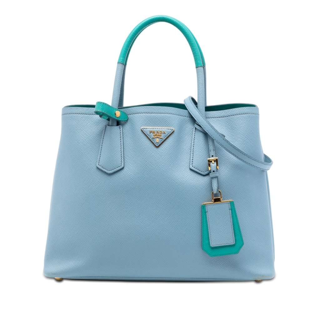 Prada Medium Bicolor Saffiano Cuir Double Satchel Blue Leather Very good condition - Front View