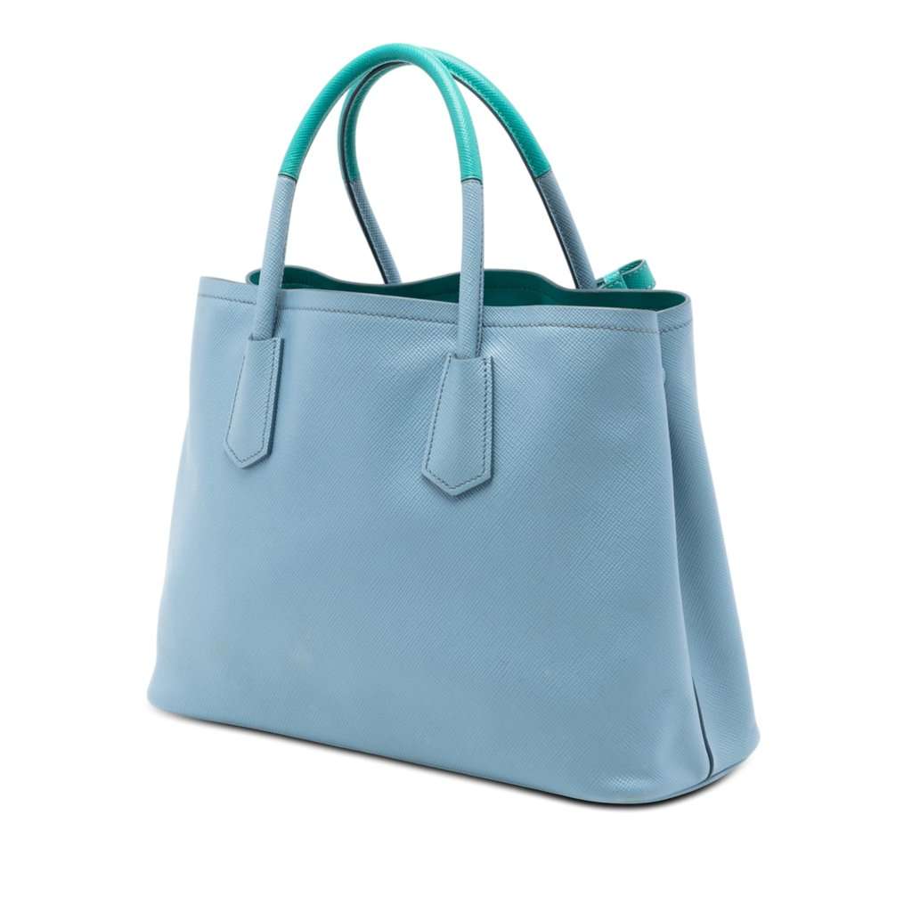 Prada Medium Bicolor Saffiano Cuir Double Satchel Blue Leather Very good condition - Back View