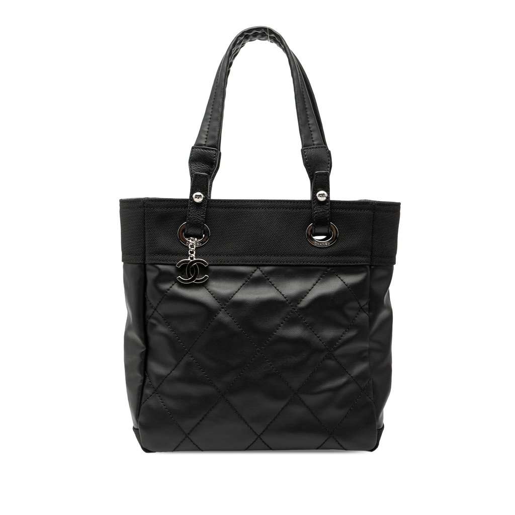Chanel Small Quilted Coated Canvas Paris Biarritz Tote Black Very good - Front View