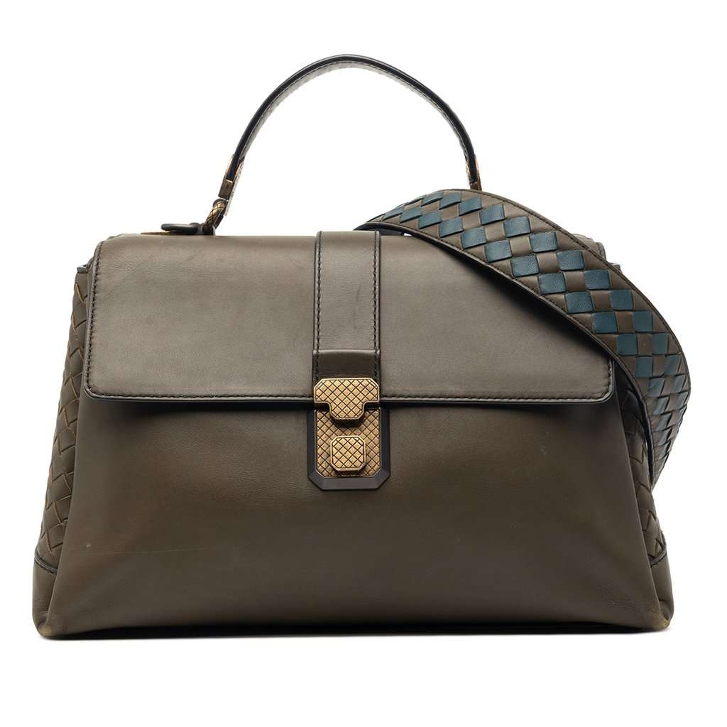 Bottega Veneta Medium Intrecciato Trimmed Nappa Piazza Satchel Brown Leather Very good condition - Front View