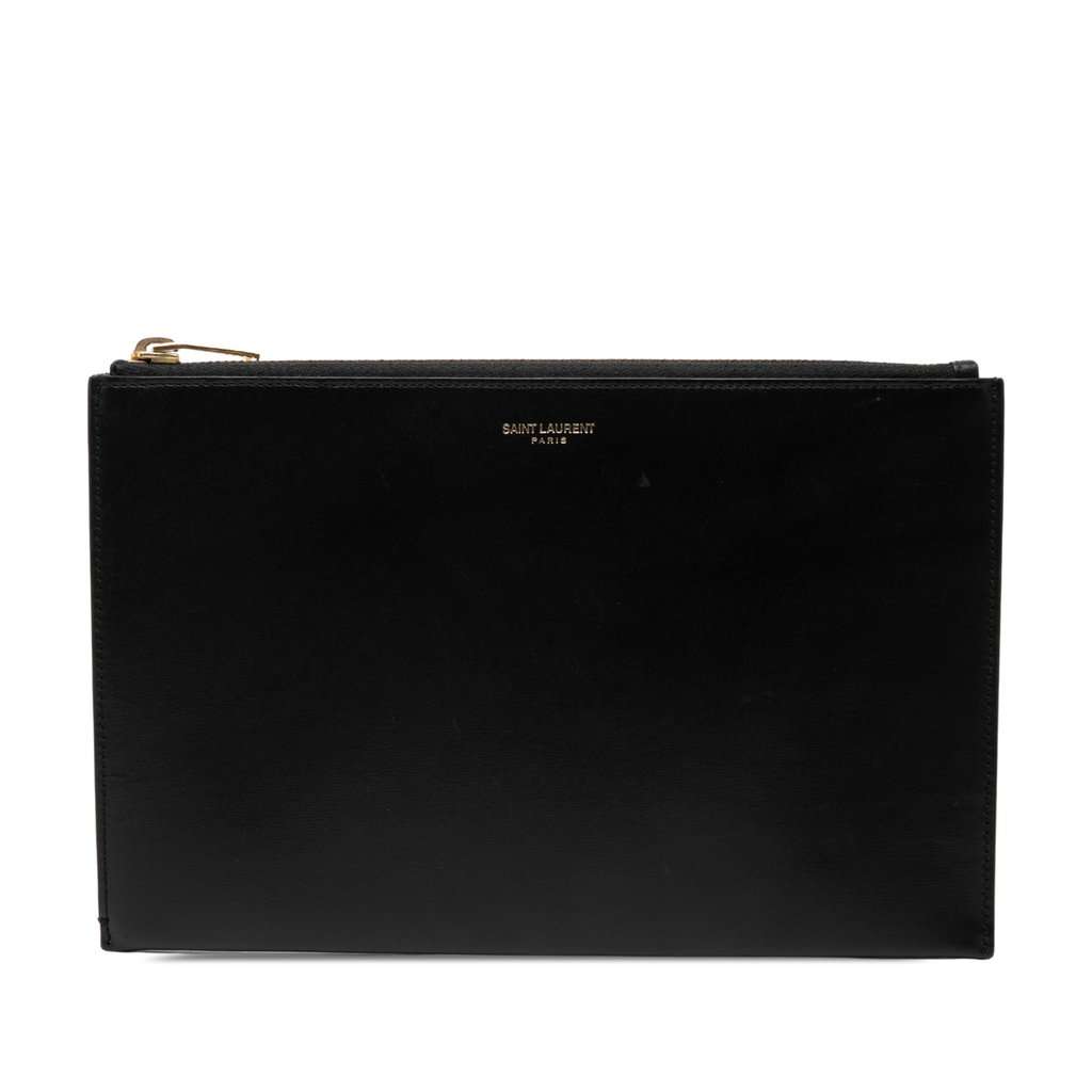 Saint Laurent Leather Zip Clutch Black Leather Very good - Front View