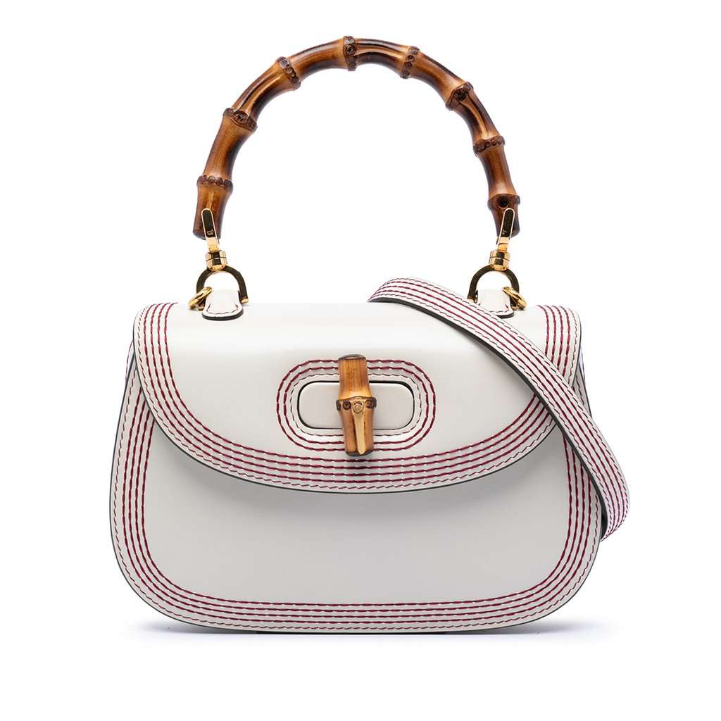 Gucci Small Calfskin Stitched Bamboo 1947 Top Handle Bag White Leather Very good condition - Front View