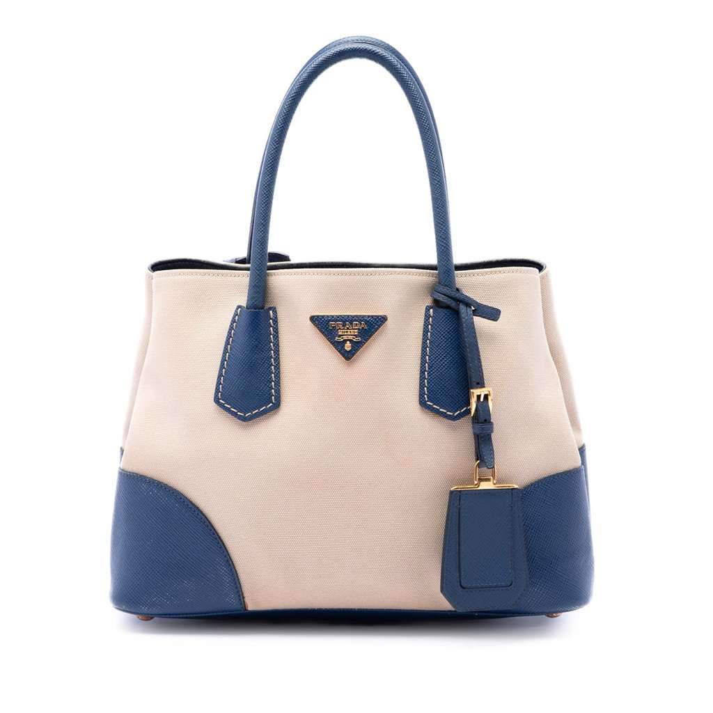 Prada Small Saffiano Cuir Trimmed Canvas Double Satchel Beige Very good condition - Front View
