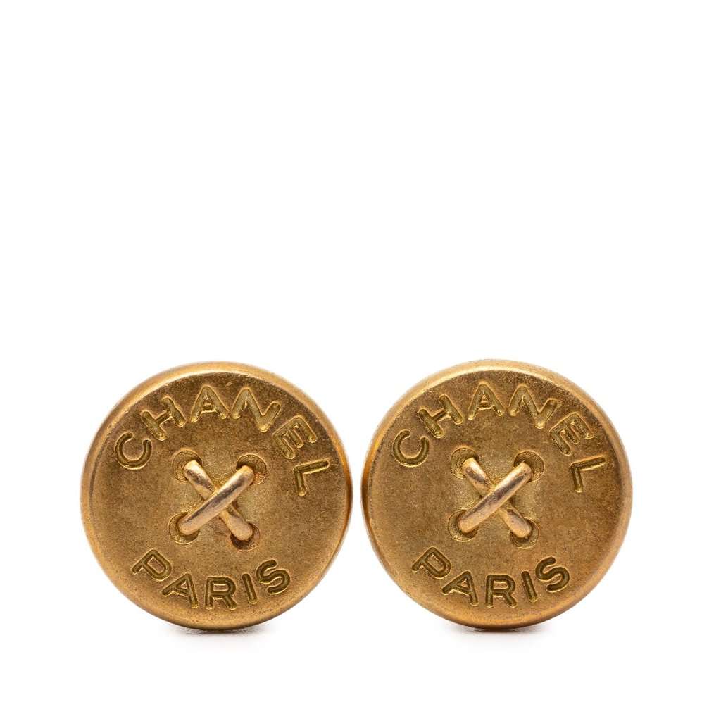Chanel Gold Plated Round Button Clip On Earrings Gold Metal Very good - Front View