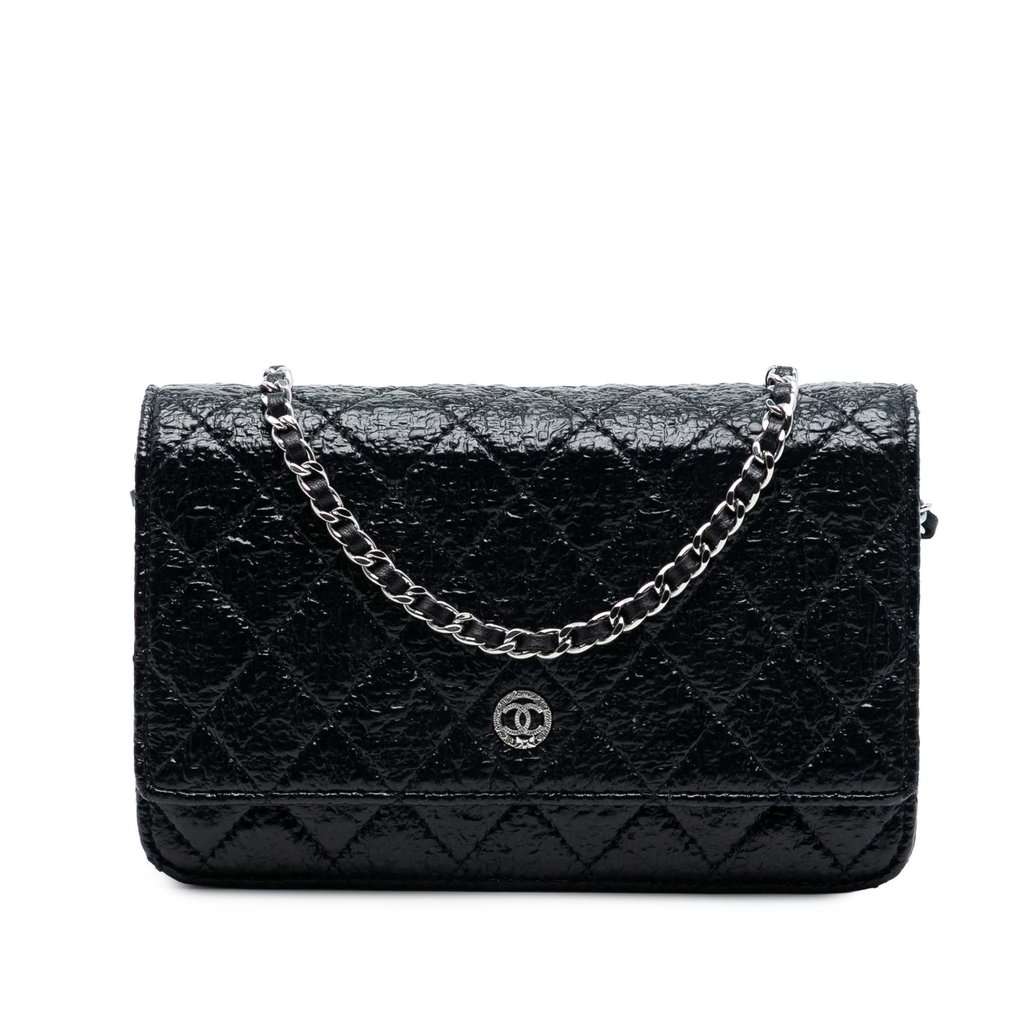 Chanel CC Quilted Crinkled Patent Wallet On Chain Black Leather Very good - Front View