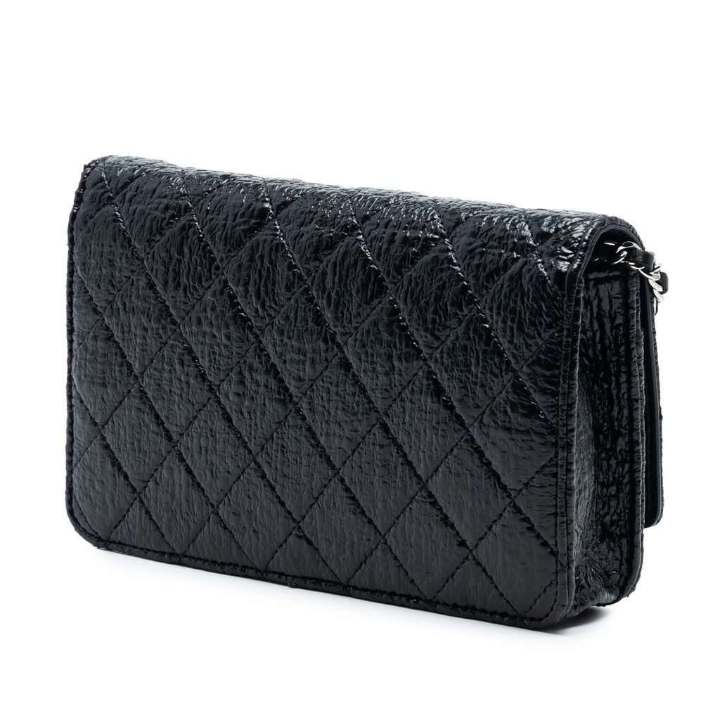 Chanel CC Quilted Crinkled Patent Wallet On Chain Black Leather Very good - Back View