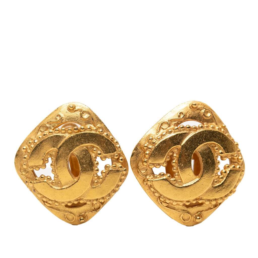 Chanel CC Gold Plated Rhombus Clip On Earrings Gold Metal Very good condition - Front View