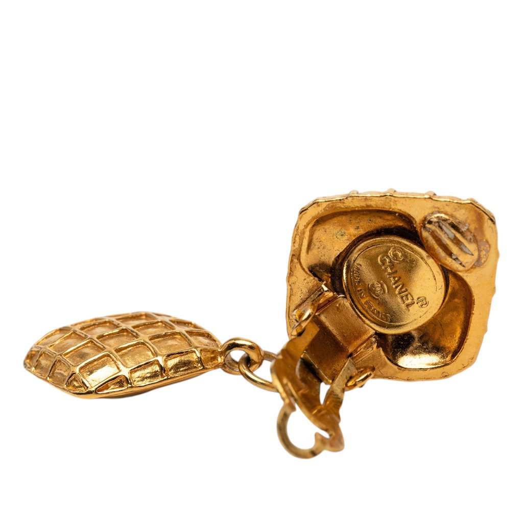Chanel Gold Plated Quilted Diamond Shape Strass Drop Clip On Earrings Gold Metal Very good condition - Inside View