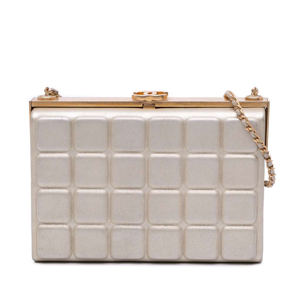Chanel Chocolate Bar Metallic Lambskin Frame Clutch with Chain Gold Leather Very good - Front View
