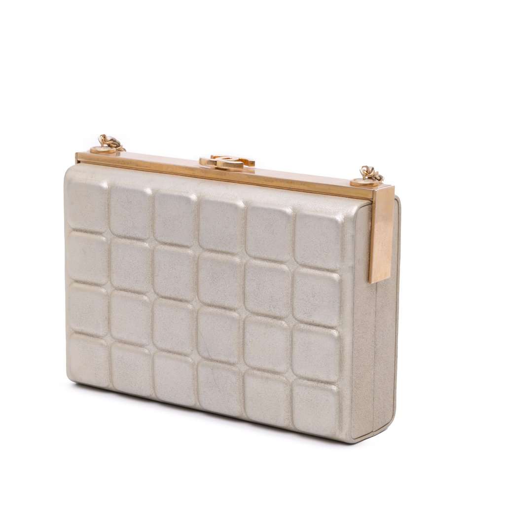 Chanel Chocolate Bar Metallic Lambskin Frame Clutch with Chain Gold Leather Very good - Back View