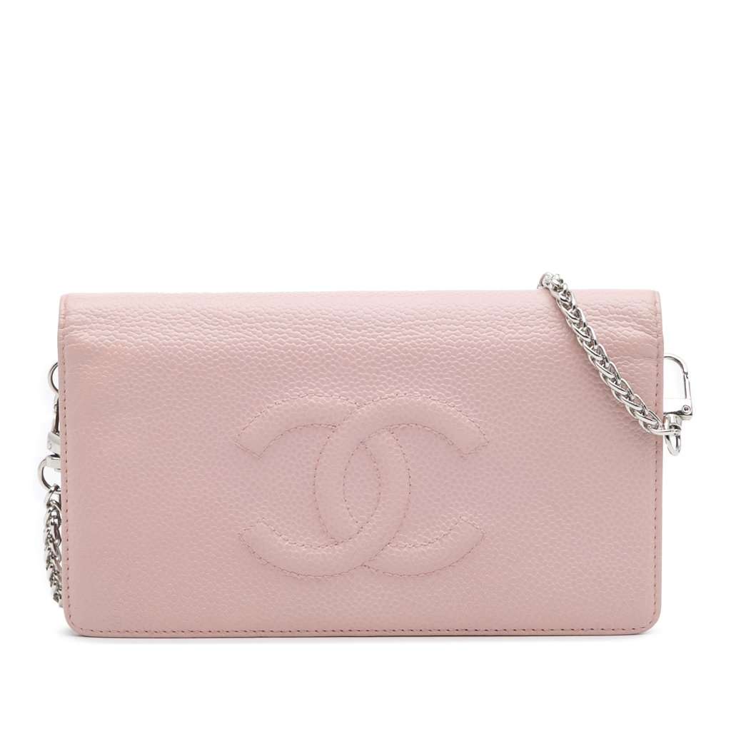 Chanel CC Caviar Wallet On Chain Pink Leather Good - Front View