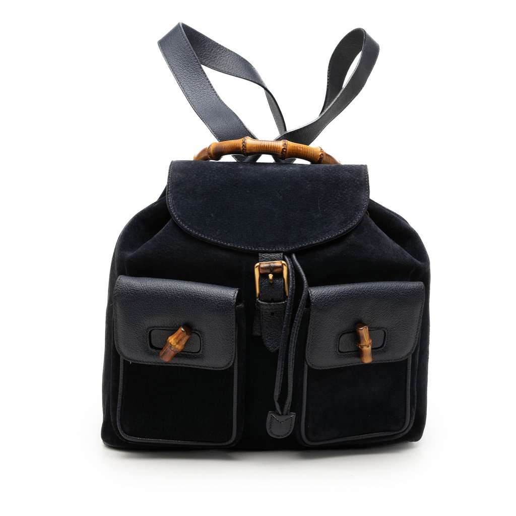 Gucci Suede Bamboo Drawstring Backpack Blue Leather Very good - Front View