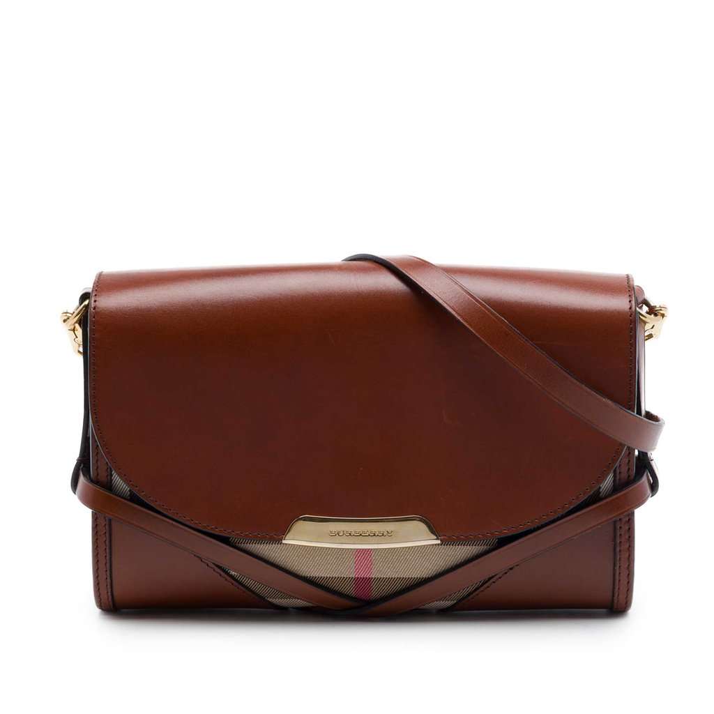 Burberry Leather and House Check Canvas Bridle Abbott Crossbody Brown Leather Very good - Front View