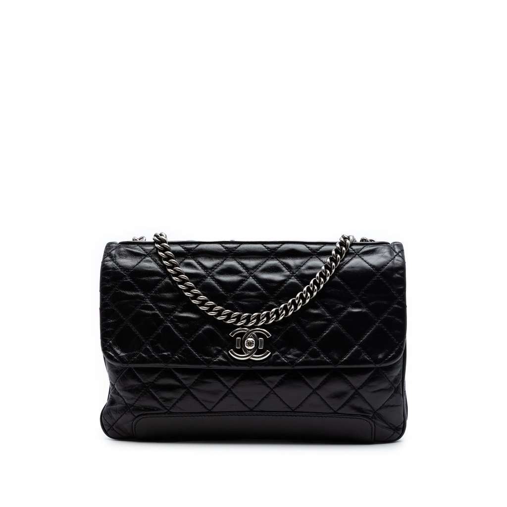 Chanel CC Quilted Glazed Calfskin Flap Black Leather Very good condition - Front View