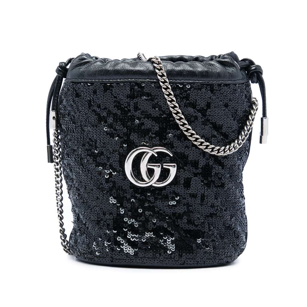 Gucci Small GG Marmont Sequined Diagonal Matelasse Calfskin Bucket Bag Black Leather Very good - Front View