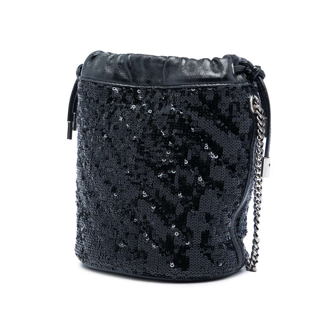 Gucci Small GG Marmont Sequined Diagonal Matelasse Calfskin Bucket Bag Black Leather Very good - Back View
