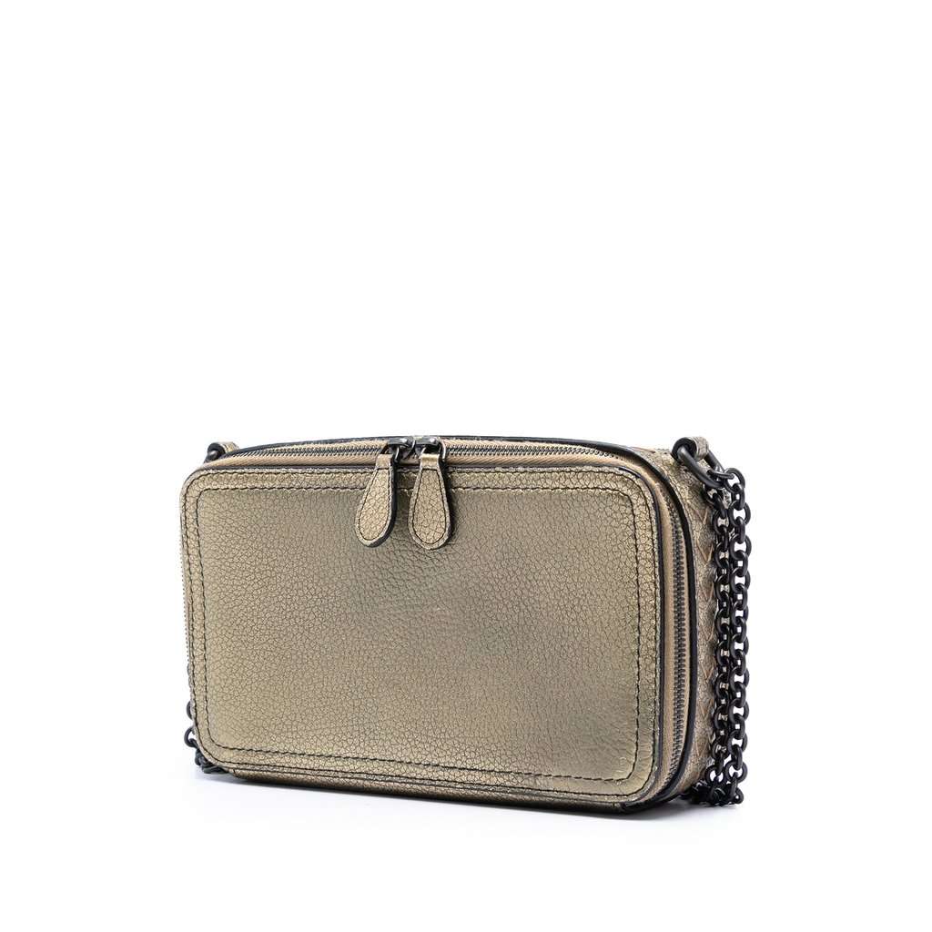Bottega Veneta Intrecciato Trimmed Metallic Leather Double Zip Shoulder Bag Gold Leather Very good condition - Back View