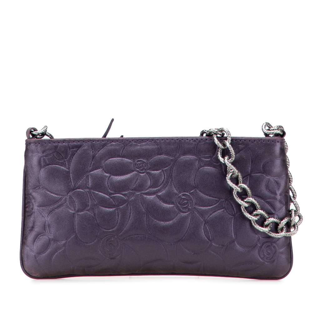 Chanel Embossed Lambskin Camellia Chain Pochette Purple Leather Very good - Front View