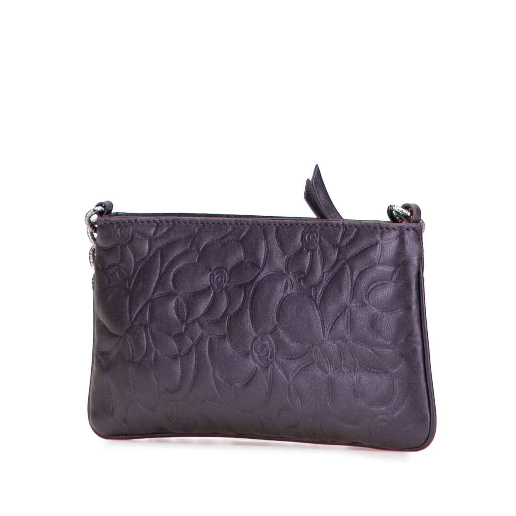 Chanel Embossed Lambskin Camellia Chain Pochette Purple Leather Very good - Back View