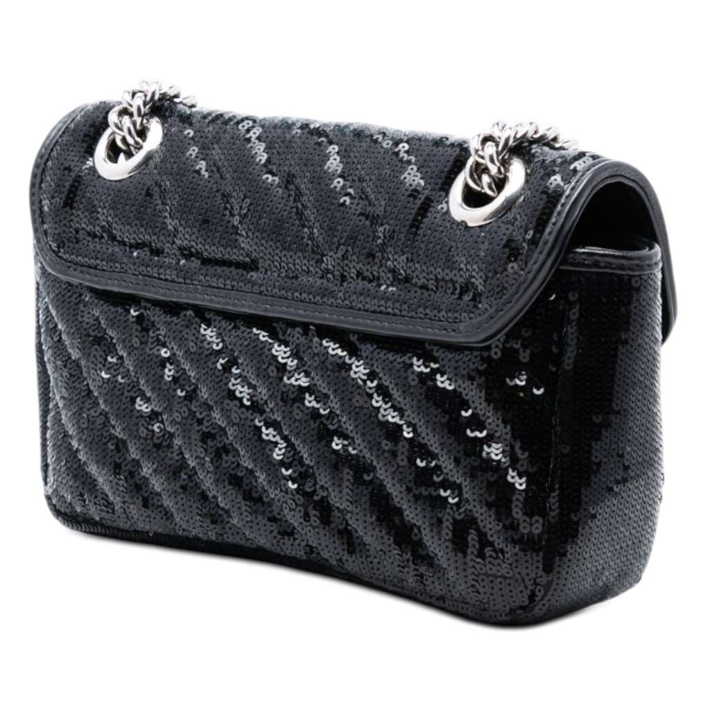 Gucci Small GG Marmont Matelasse Diagonal Sequin and Leather Torchon Shoulder Bag Black Very good condition - Back View