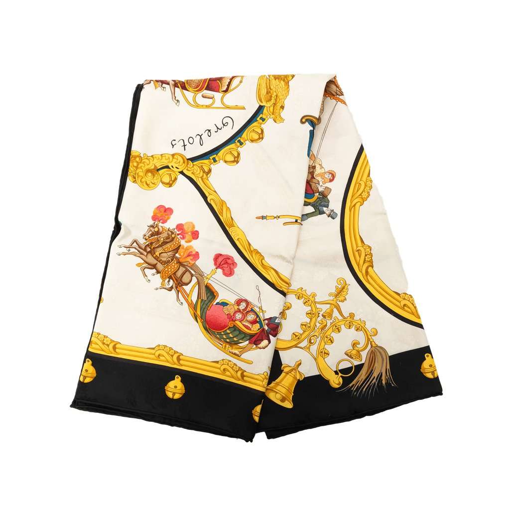 Hermès Plumes et Grelots Silk Scarf 90 White Very good - Front View