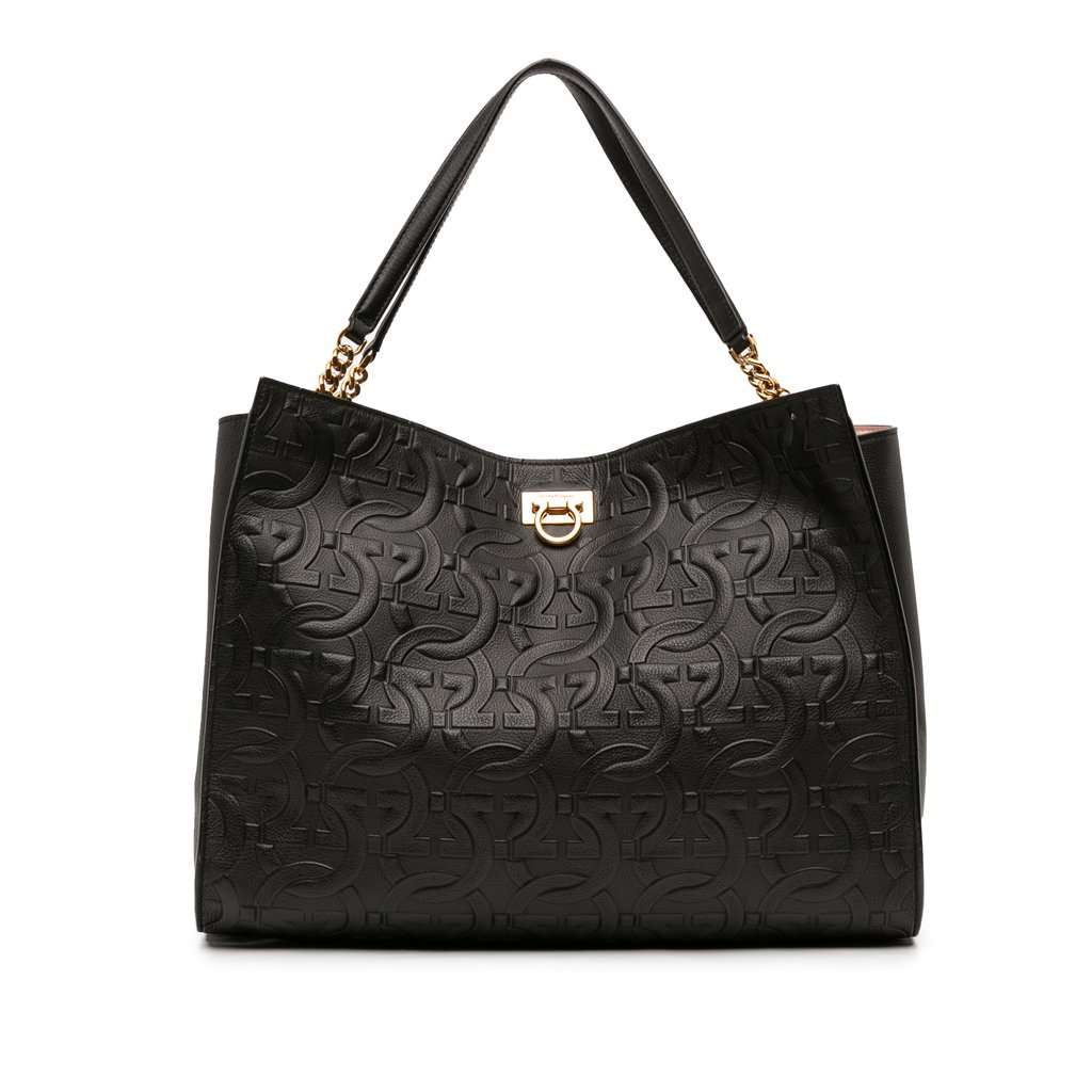 Salvatore Ferragamo Gancini Embossed Calfskin Trifolio Tote Black Leather Good condition - Front View