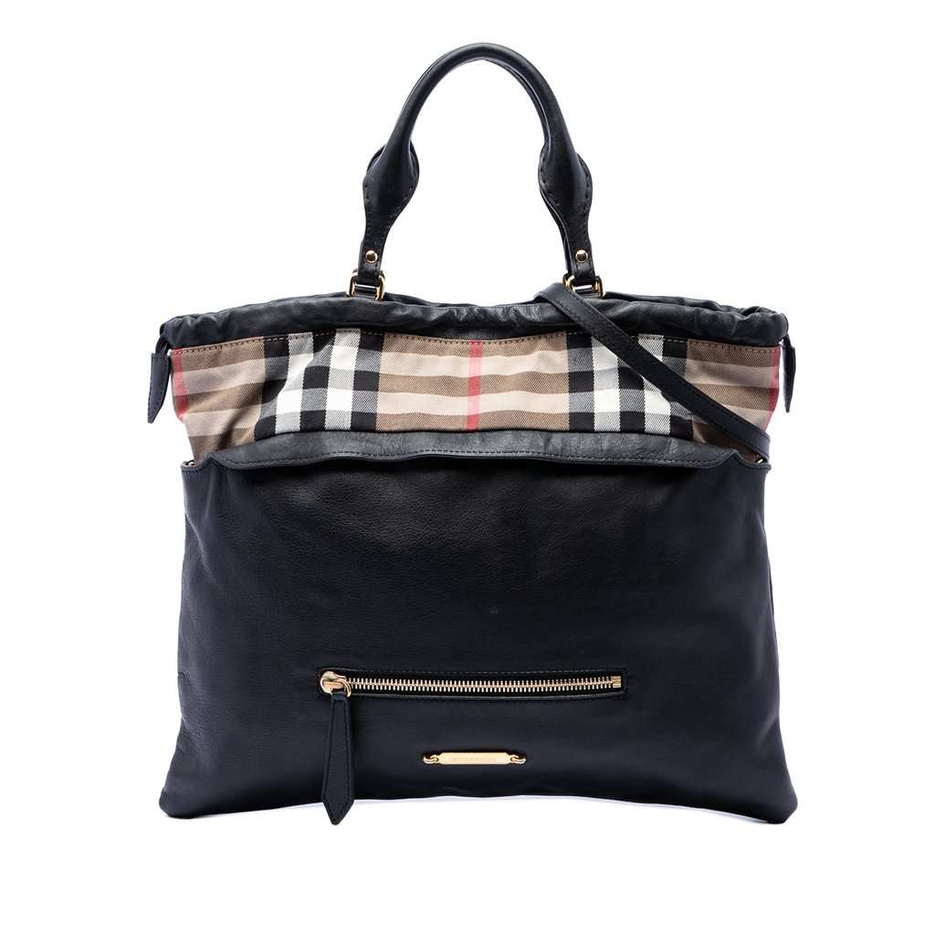 Burberry House Check Trimmed Leather Big Crush Convertible Tote Black Leather Very good - Front View