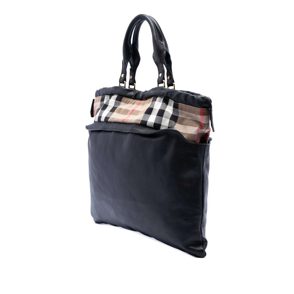 Burberry House Check Trimmed Leather Big Crush Convertible Tote Black Leather Very good - Back View