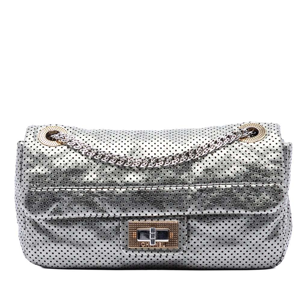 Chanel Medium Reissue Perforated Calfskin Drill Flap Silver Leather Very good condition - Front View