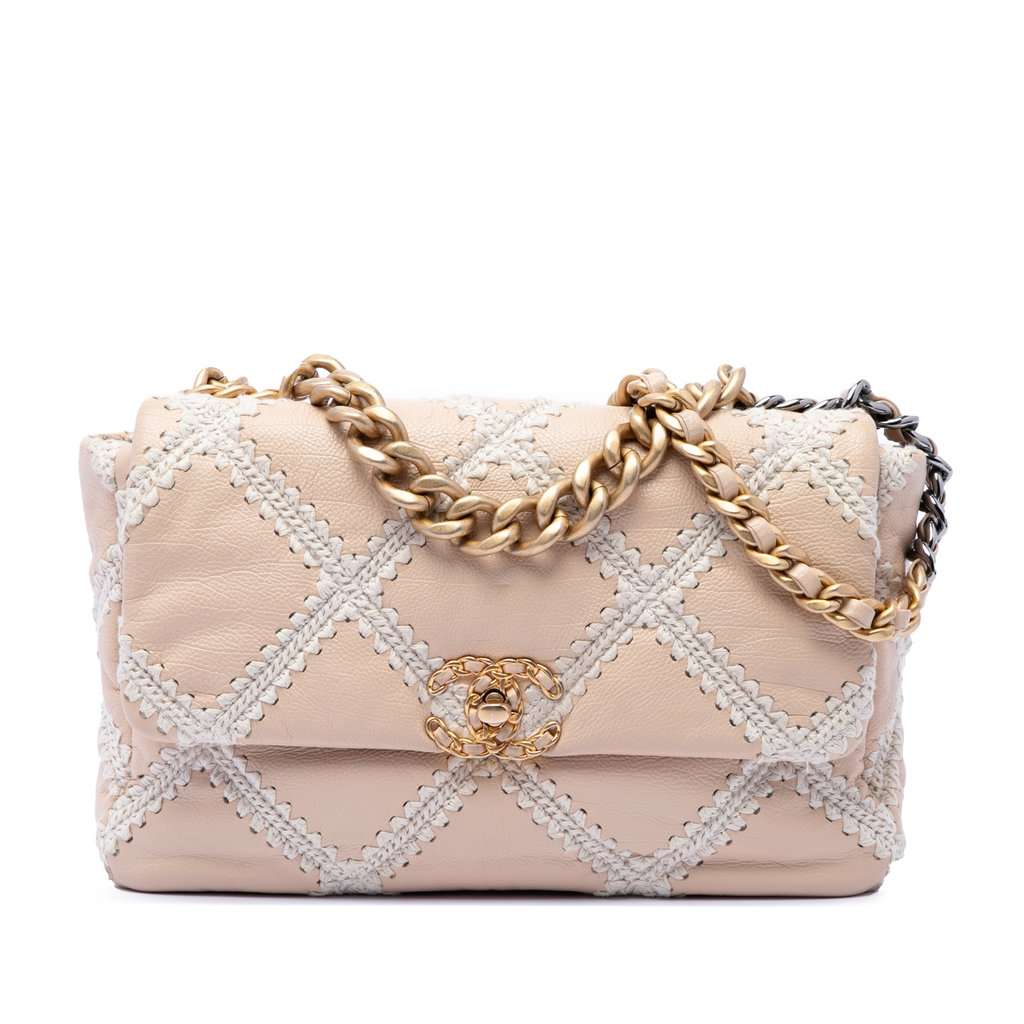 Chanel Large Crochet Calfskin 19 Flap Beige Leather Very good condition - Front View