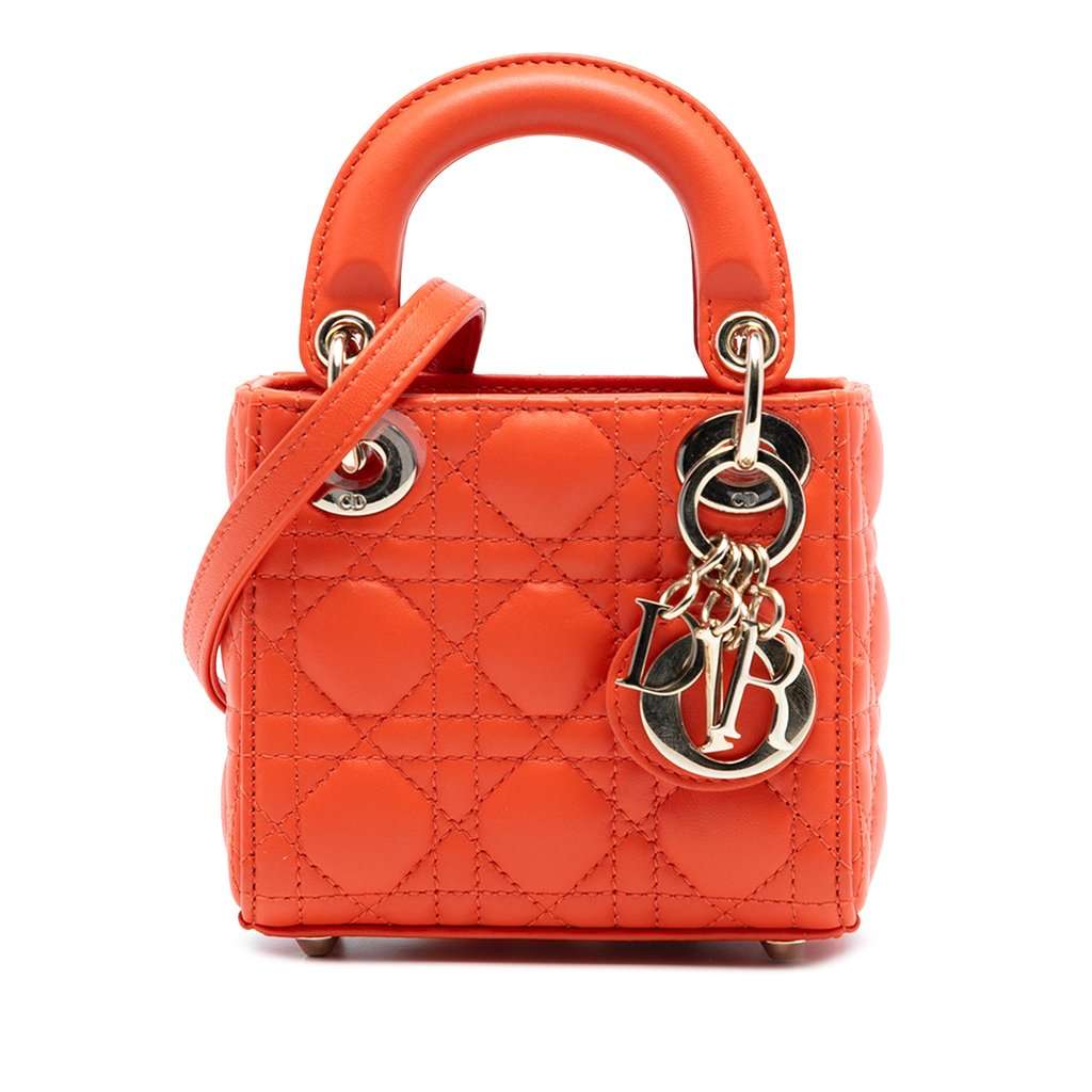 Dior Micro Lambskin Cannage Lady Dior Orange Leather Very good condition - Front View