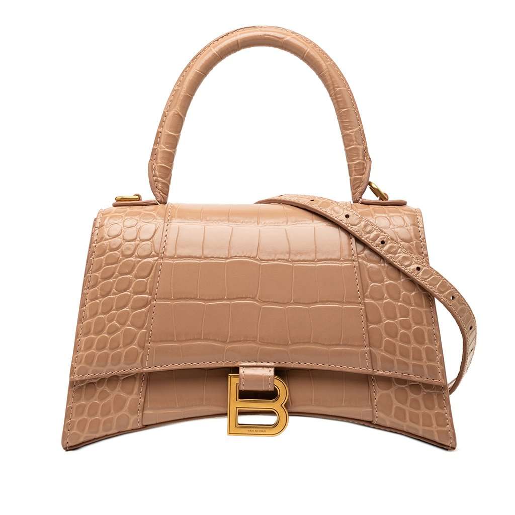 Balenciaga Small Croc Embossed Hourglass Top Handle Bag Brown Leather Very good condition - Front View