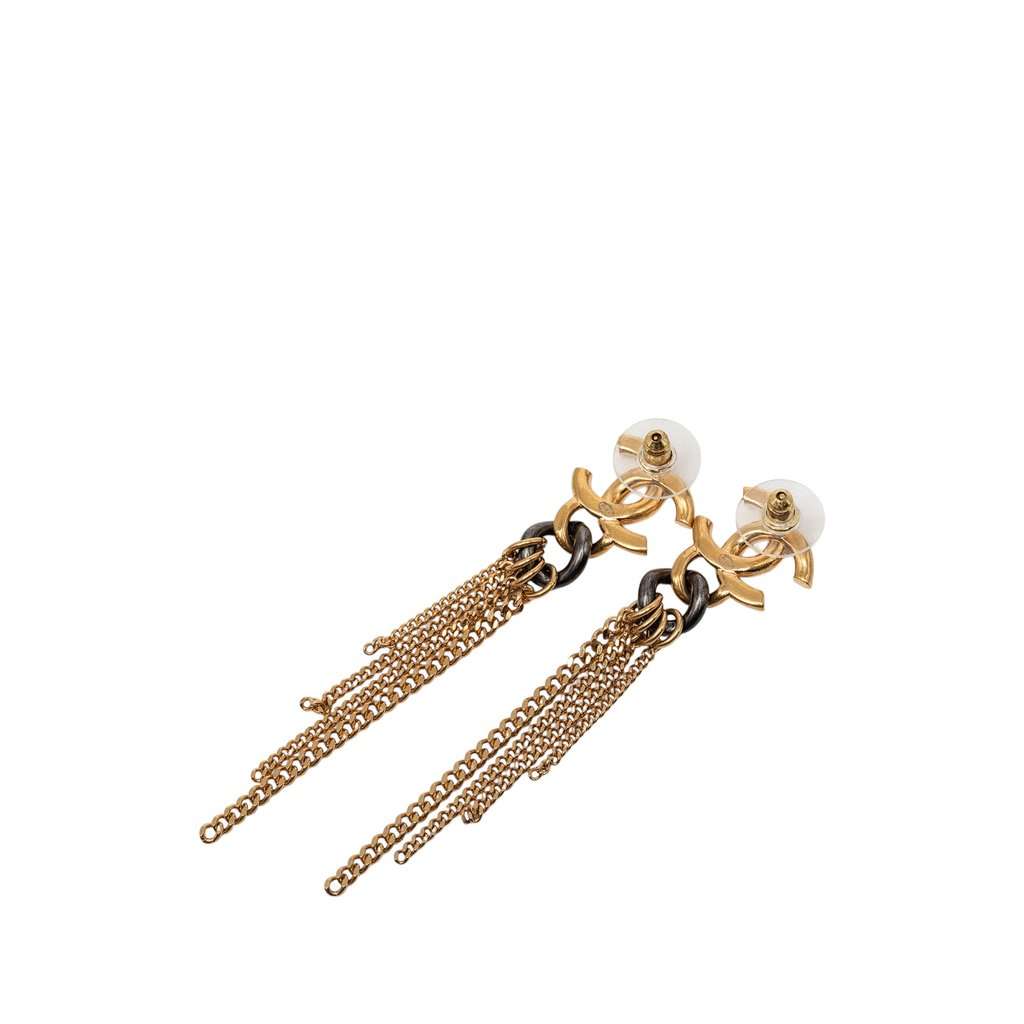 Chanel CC Gold Plated Multi Strand Fringe Drop Push Back Earrings Gold Metal Very good condition - Back View