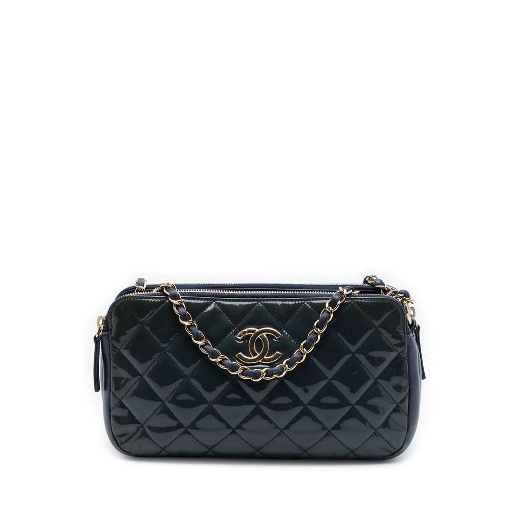 Chanel Quilted Patent CC Crown Double Zip Crossbody Blue Leather Very good condition - Front View