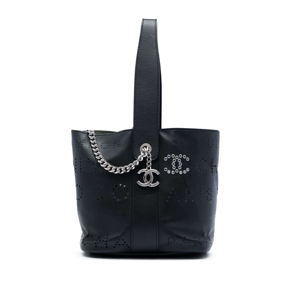 Chanel Small Perforated Calfskin Logo Eyelet Bucket Bag Black Leather Very good condition - Front View
