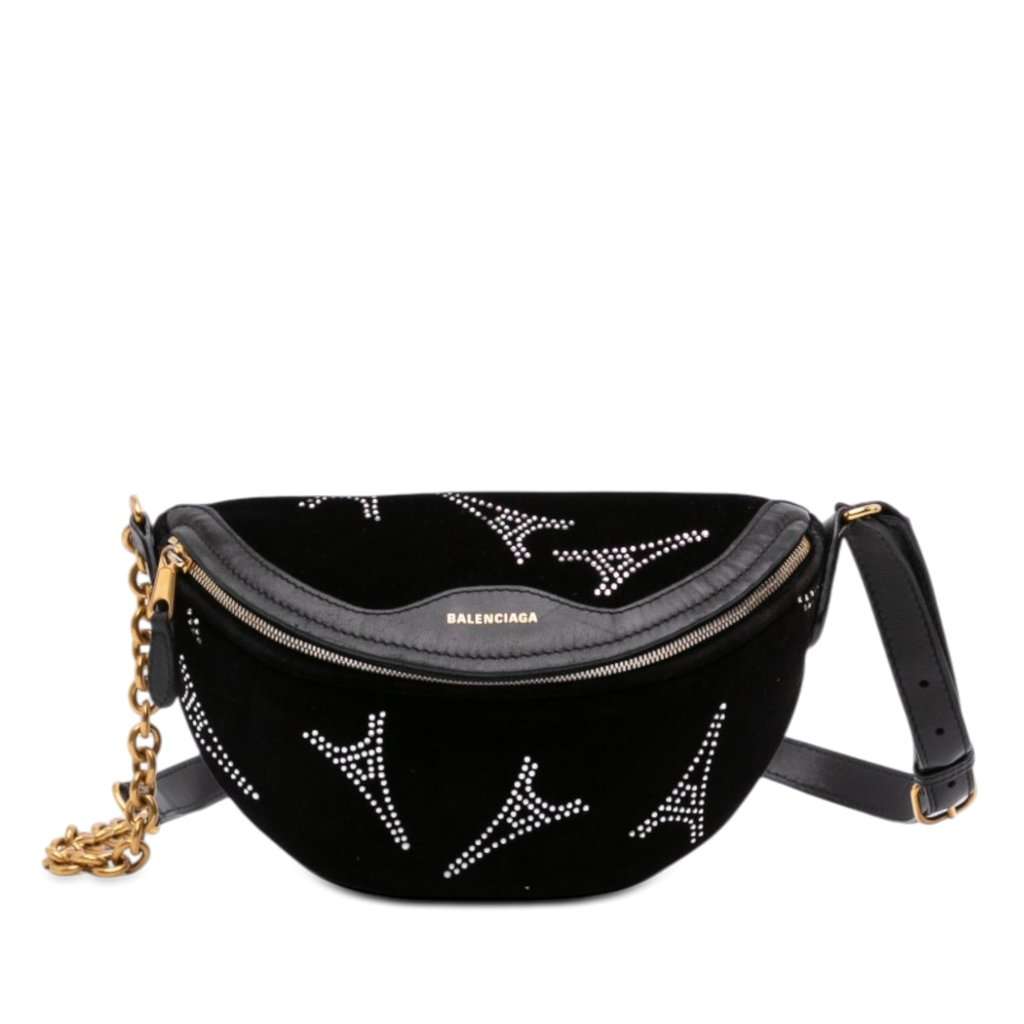 Balenciaga Velvet Crystal Embellished Souvenir Belt Bag XXS Black Very good condition - Front View