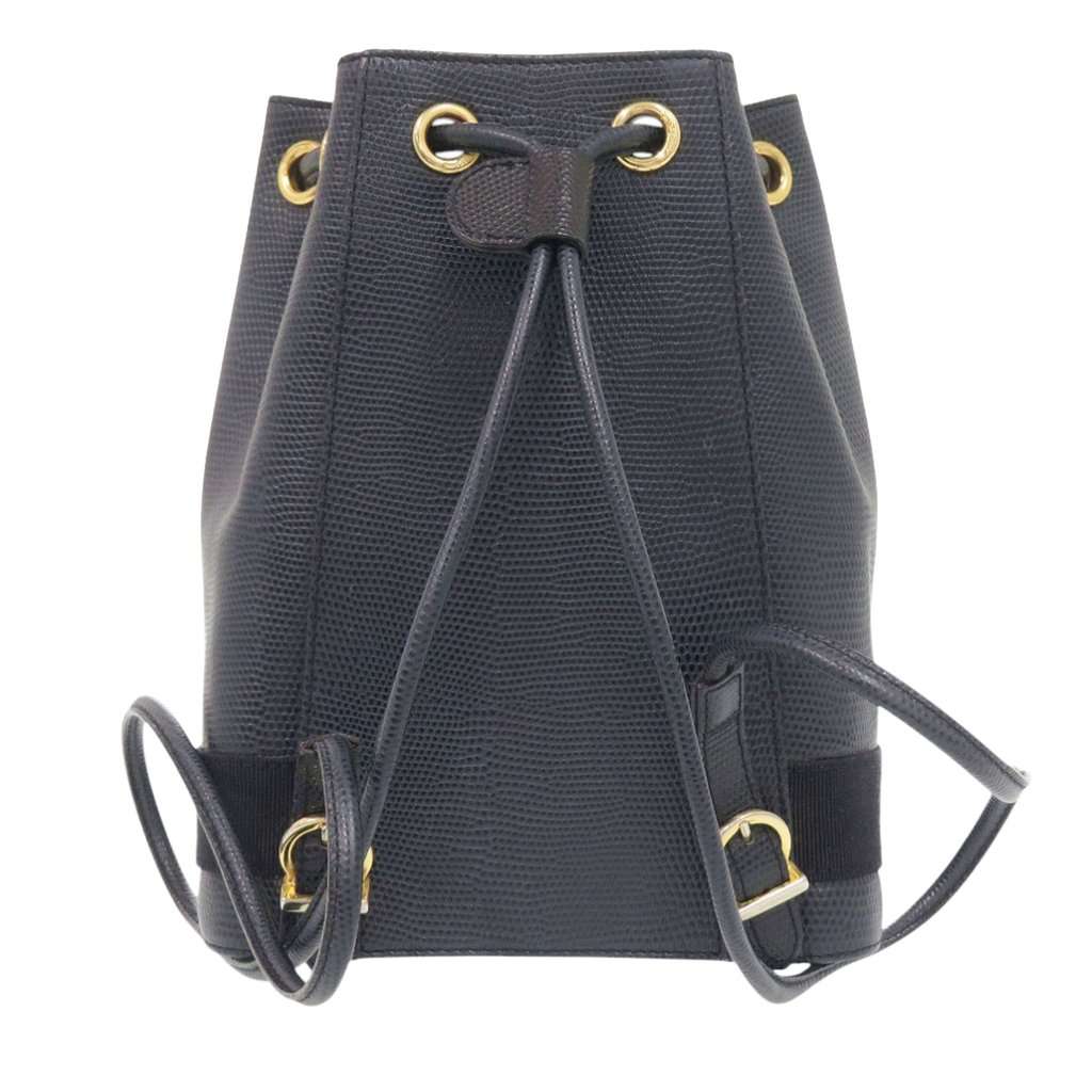 Ferragamo Lizard Embossed Leather Vara Bow Drawstring Backpack Blue Leather Very good condition - Back View