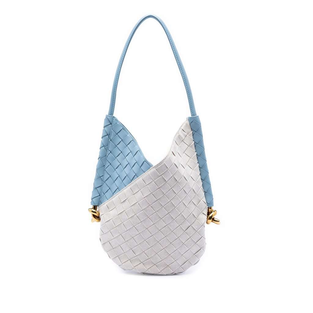 Bottega Veneta Small Nappa and Canvas Intrecciato Solstice Shoulder Bag Blue Leather Good condition - Front View