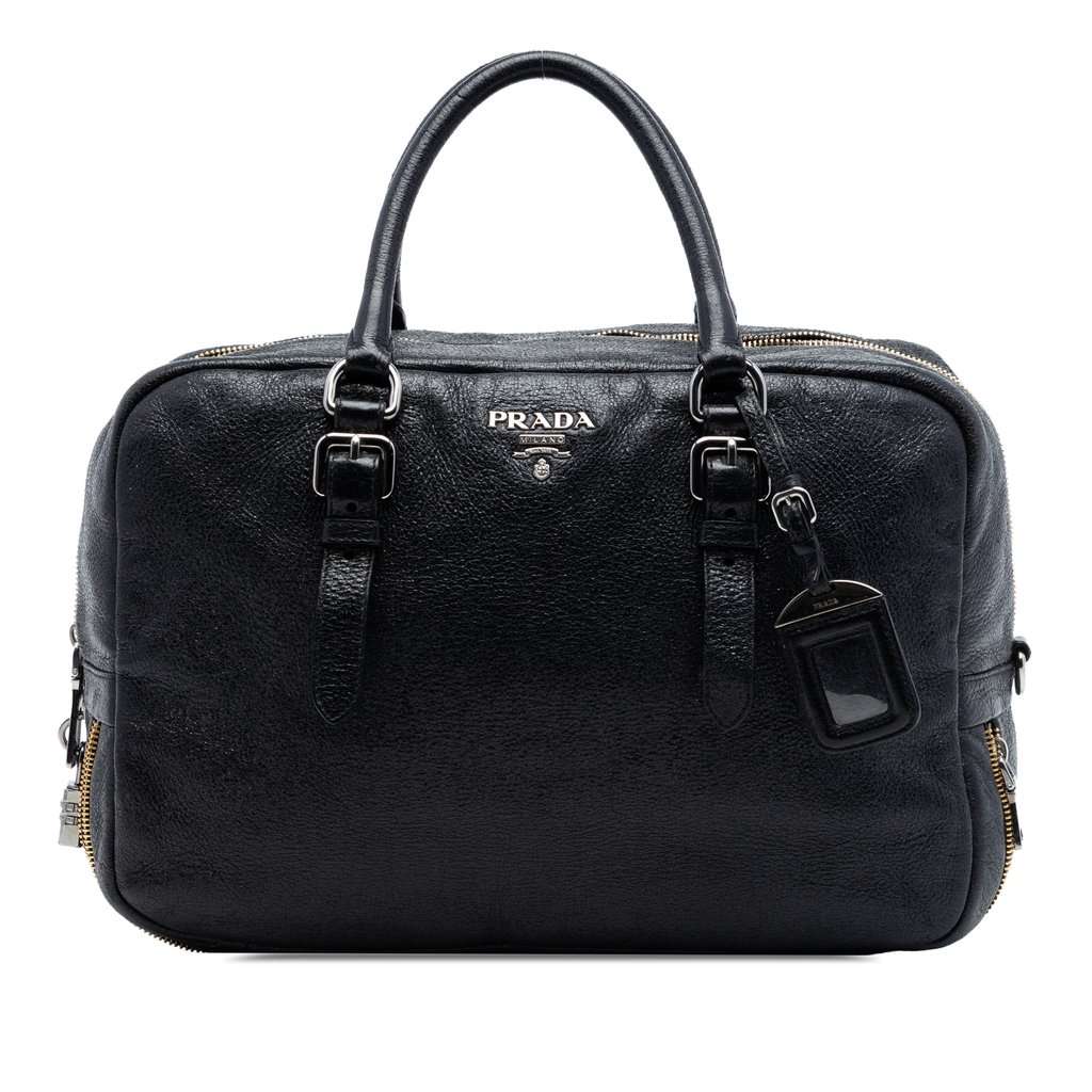 Prada Cervo Lux Bauletto Handbag Black Leather Very good condition - Front View