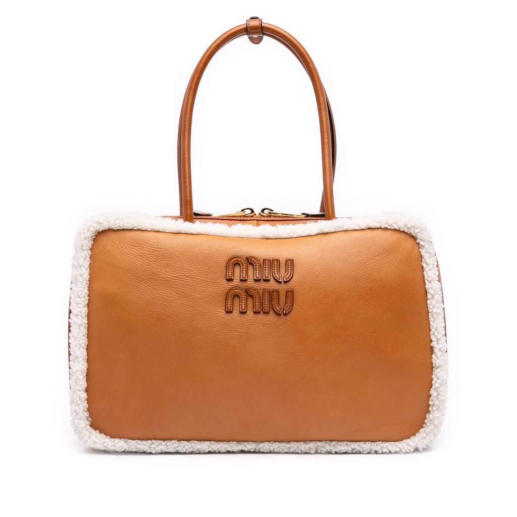 Miu Miu Large Shearling Trimmed Calfskin Logo Beau Shoulder Bag Brown Leather Very good condition - Front View