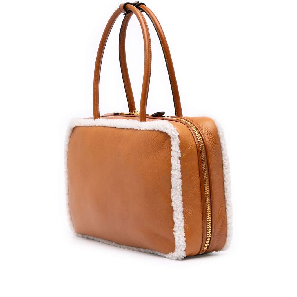 Miu Miu Large Shearling Trimmed Calfskin Logo Beau Shoulder Bag Brown Leather Very good condition - Back View