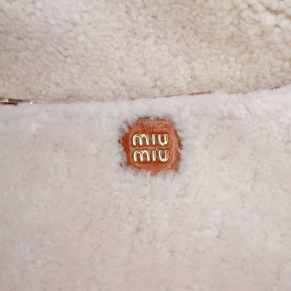 Miu Miu Large Shearling Trimmed Calfskin Logo Beau Shoulder Bag Brown Leather Very good condition - Box View