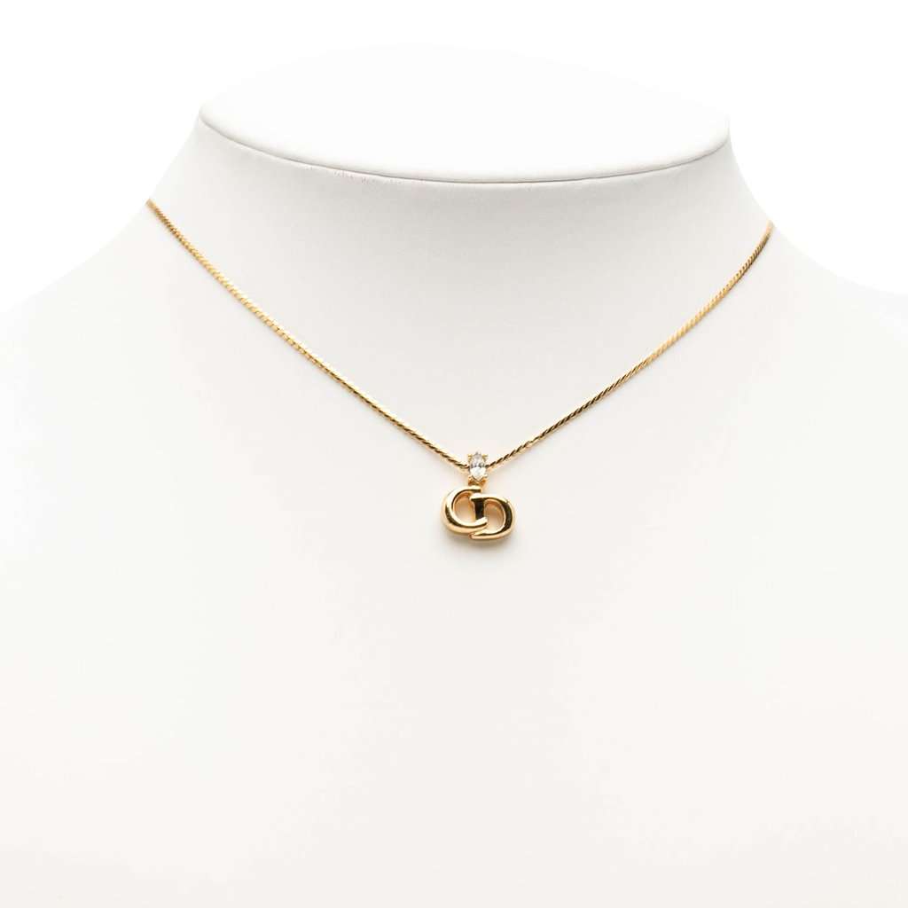 Dior Gold Plated Strass CD Logo Pendant Necklace Gold Metal Very good - Box View