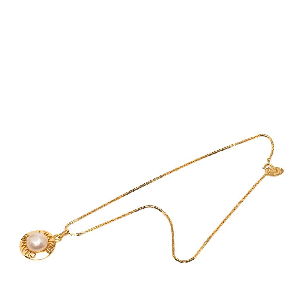Chanel Gold Plated Faux Pearl Logo Round Pendant Necklace Gold Metal Very good - Front View