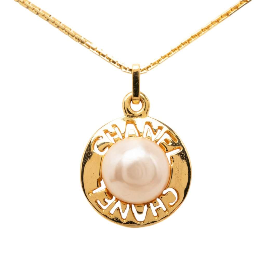Chanel Gold Plated Faux Pearl Logo Round Pendant Necklace Gold Metal Very good - Back View