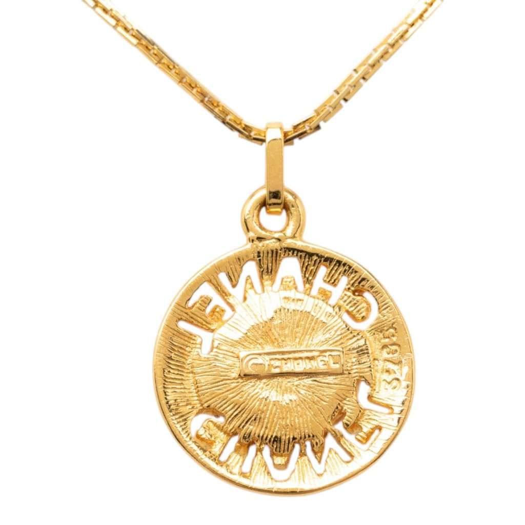 Chanel Gold Plated Faux Pearl Logo Round Pendant Necklace Gold Metal Very good - Inside View
