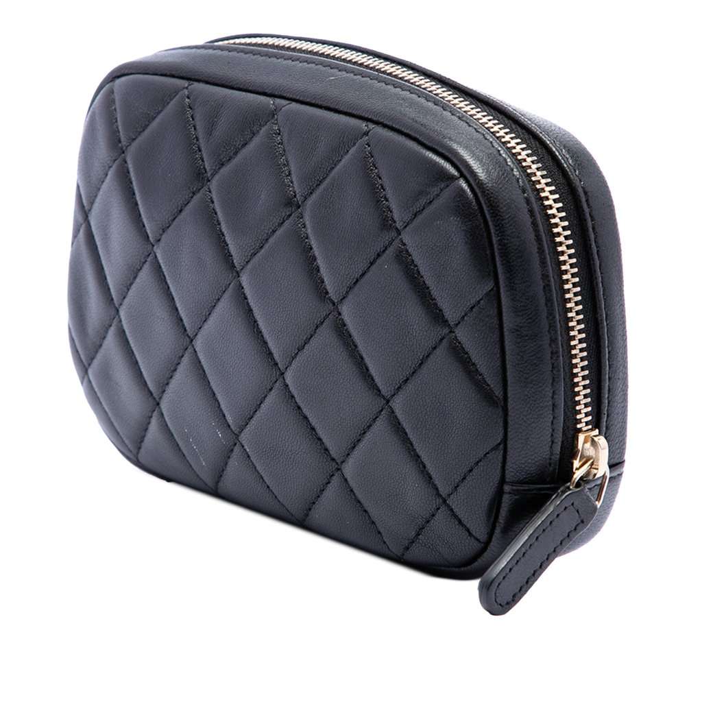 Chanel CC Quilted Lambskin Curvy Cosmetic Case Pouch Black Leather Very good - Back View