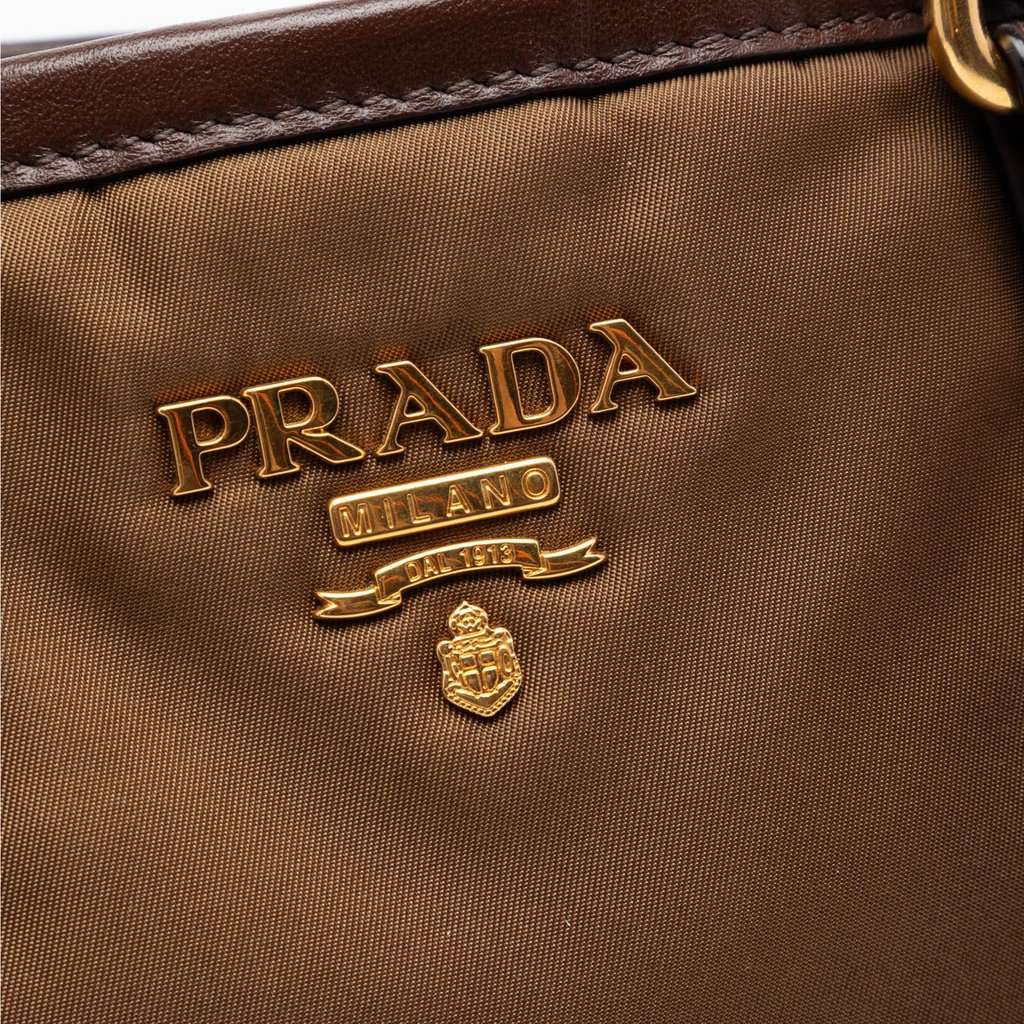 Prada Vitello Daino Trimmed Tessuto Satchel Brown Very good condition - Box View